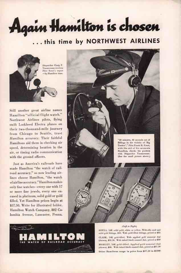 Nel 1930 Hamilton diventa il fornitore ufficiale di orologi delle quattro principali compagnie aeree degli Stati Uniti. 