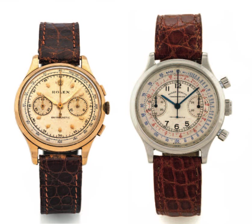 Cronografi Rolex: Un Rolex Chronograph Ref. 3834, nella versione in oro giallo. A destrA: Oyster Chronograph Antimagnetic Ref. 3525, cassa in acciaio, anni ’4