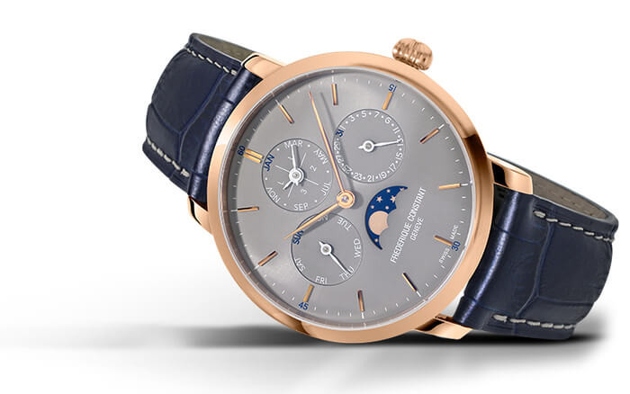 Frederique Constant Slimline Perpetual Calendar Manufacture con cassa in acciaio placato oro rosa da 42 mm (prezzo di 8.490 euro).