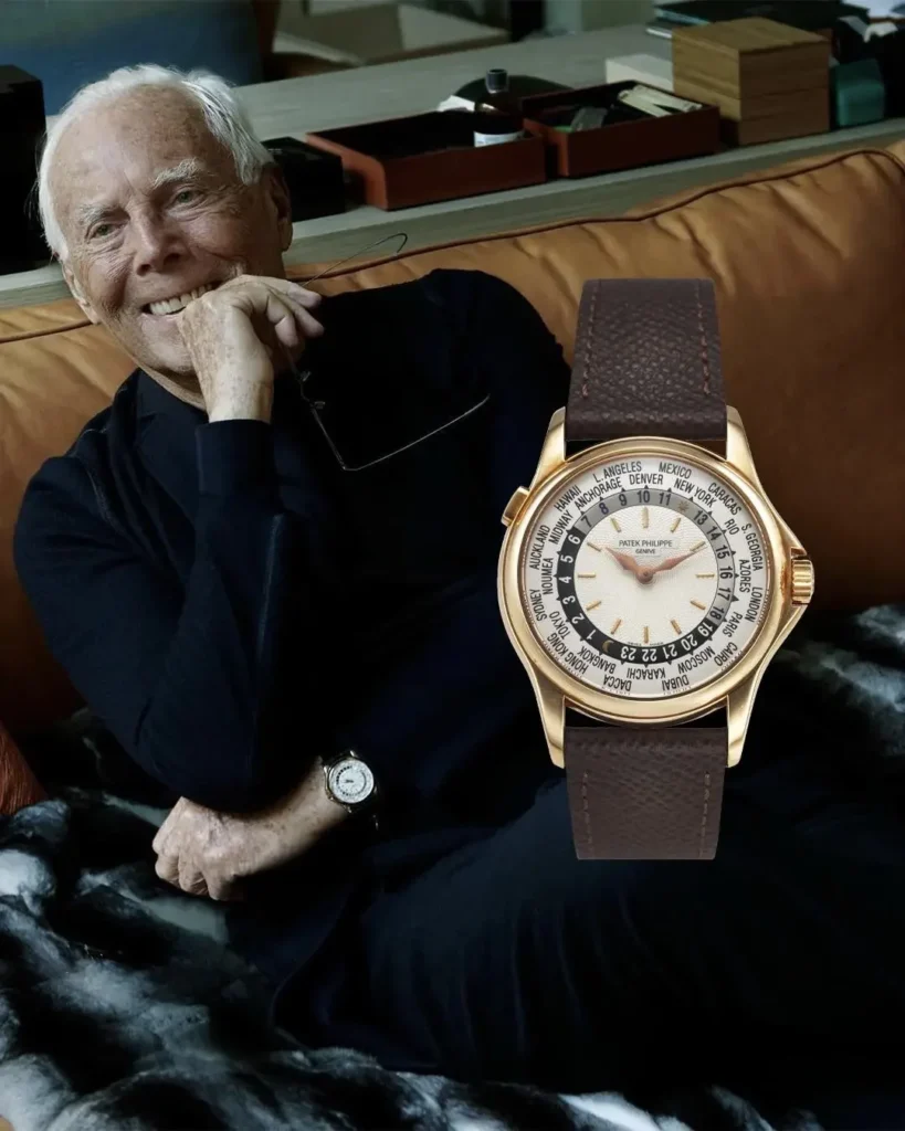 Giorgio Armani, indossa un Patek Philippe Ore del Mondo in oro rosa
