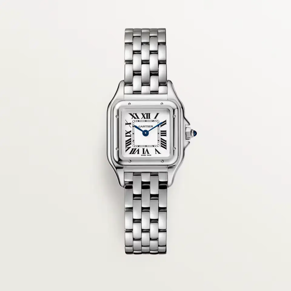 Cartier Panthère piccolo in acciaio Cartier Panthère modello piccolo in acciaio visto di fronte, con quadrante argentato, numeri romani e lancette azzurrate