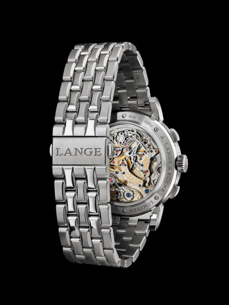 Bracciale in platino del Datograph Perpetual Bracciale in platino a cinque file con la fibbia déployante incisa LANGE e il fondello in vetro zaffiro