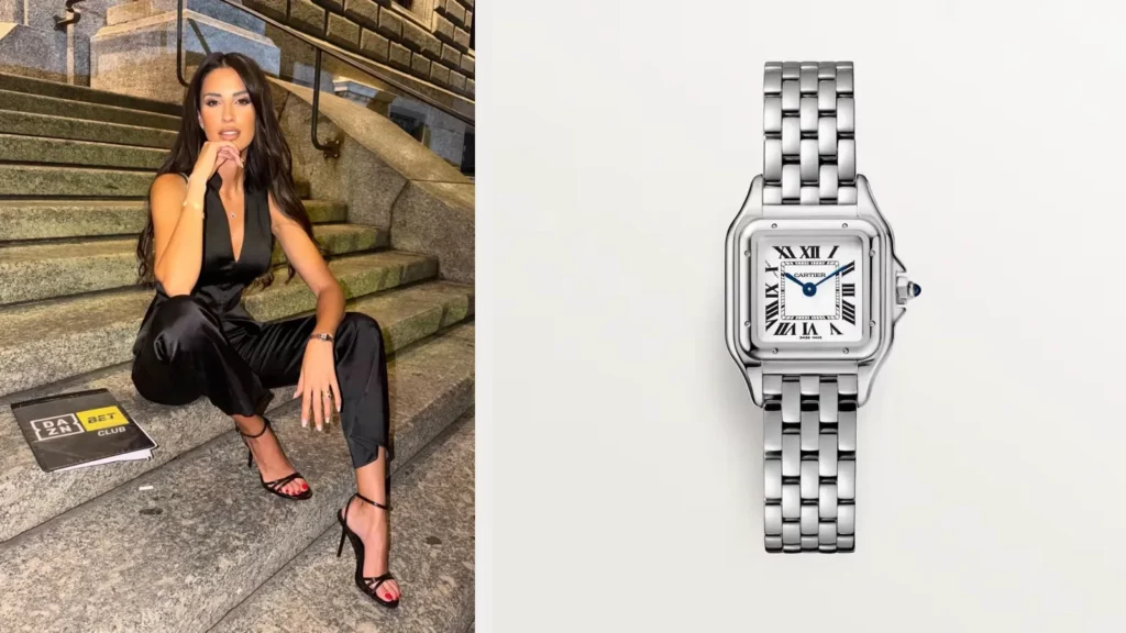 Eleonora Incardona seduta su una scalinata in pietra con la cartellina del DAZN Bet Club, accanto all'immagine ufficiale del Cartier Panthère in acciaio
