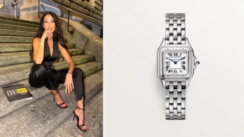 Eleonora Incardona seduta su una scalinata in pietra con la cartellina del DAZN Bet Club, accanto all'immagine ufficiale del Cartier Panthère in acciaio