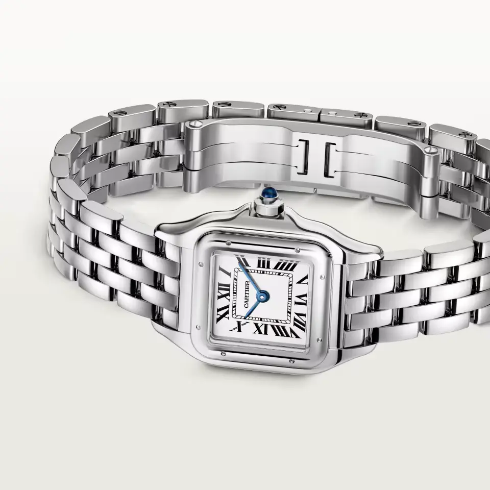 Bracciale del Cartier Panthère Bracciale a maglie fitte del Panthère in acciaio con la chiusura e la corona ornata dallo spinello blu